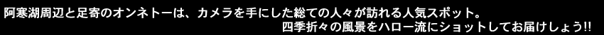 阿寒湖周辺と足寄のオンネトーは、カメラを手にした総ての人々が訪れる人気スポット。四季折々の風景をハロー流にショットしてお届けしよう。