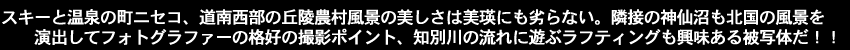 スキー場と温泉の町ニセコ、北海道南西部の丘陵農村風景は美瑛にも劣らない、隣接の共和町神仙沼も北国の風景を演出してフォトグラファーの格好の撮影ポイント、知別川の流れに遊ぶラフティングも興味ある被 写体だ。