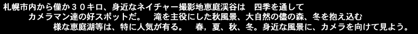 札幌市内から僅か３０キロ身近なネイチャー撮影地恵庭渓谷は四季を通してカメラマン達の好スポットだ、滝を主役にした秋風景、大自然の儘の森、冬を抱え込む様な恵庭湖、等は特に人気が有る、春，夏、秋、冬、身近な風景にカメラを向けて見よう。