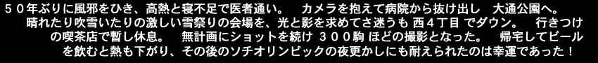 ５０年ぶりに風邪をひき、高熱と寝不足で医者通い。カメラを抱えて病院から抜け出し大通公園へ。晴れたり吹雪いたりの激しい雪祭りの会場を、光と影を求めてさ迷うも 西４丁目 でダウン。行きつけの喫茶店で暫し休息。無計画にショットを続け三百駒ほどの撮影となった。帰宅してビールを飲むと熱も下がり、その後のソチオリンピックの夜更かしにも耐えられたのは幸運であった。