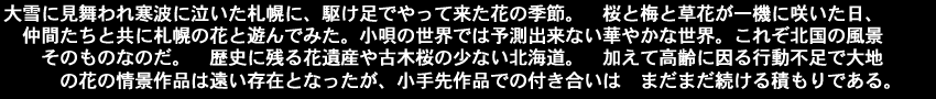 大雪に見舞われ寒波に泣いた札幌に、駆け足でやって来た花の季節。桜と梅と草花が一機に咲いた日。仲間たちと共に札幌の花と遊んでみた。小唄の世界では予測出来ない華やかな世界。これぞ北国の風景そのものなのだ。歴史に残る花遺産や古木桜の少ない北海道。加えて高齢に因る行動不足で大地の花の情景作品は遠い存在となったが、小手先作品での付き合いはまだまだ続ける積もりである。