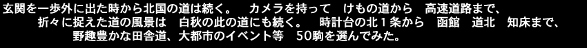 玄関を一歩外に出た時から北国の道は続く。カメラを持って　けもの道から高速道路まで、折々に捉えた道の風景は　白秋の此の道にも続く。時計台の北１条から函館　道北　知床まで、野趣豊かな田舎道、大都市のイベント等50駒を選んでみた。