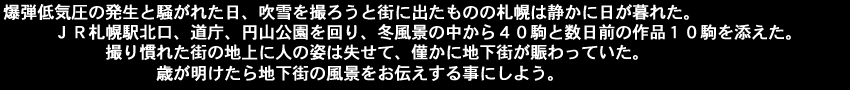 爆弾低気圧の発生と騒がれた日、吹雪を撮ろうと街に出たものの札幌は静かに日が暮れた。ＪＲ札幌駅北口、道庁、円山公園を回り、冬風景の中から４０駒と数日前の作品１０駒を添えた。撮り慣れた街の地上に人の姿は失せて、僅かに地下街が賑わっていた。歳が明けたら地下街の風景をお伝えする事にしよう。