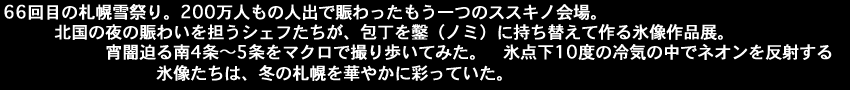 66回目の雪祭り。二百万人もの人出で賑わったもう一つのススキノ会場。北国の夜の賑わいを担うシェフたちが、包丁をのみに持ち替えて作る氷像作品展。宵闇迫る南4条から5条をマクロレンズで撮り歩いてみた。氷点下10度の冷気の中でネオンを反射する氷像たちは、冬の札幌を華やかに彩っていた。