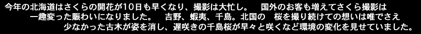 今年の北海道は　さくらの開花が10日も早くなり、撮影は大忙し。国外のお客も増えてさくら撮影は一趣変った賑わいになりました。吉野,蝦夷,千島.北国の桜を撮り続けての想いは唯でさえ少なかった古木が姿を消し、遅咲きの千島桜が早々と咲くなど　環境の変化を見せていました