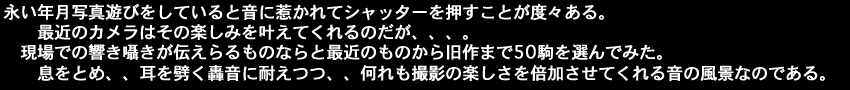 永い年月写真遊びをしていると音に惹かれてシャッターを押すことが度々ある。最近のカメラはその楽しみを叶えてくれるのだが。現場での響き囁きが伝えらるものならと最近のものから旧作まで50駒を選んでみた。息をとめ、耳を劈く轟音に耐えつつ、何れも撮影の楽しさを倍加させてくれる音の風景なのである