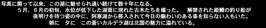 写真に関って以来、この湖に魅せられ通い続けて数十年になる。５月、６月の初旬、水位が低下した湖面に現れた古木たちを撮った。解禁された姫鱒の釣り船が夜明けを待つ姿の中に、阿寒湖から移入 　　　　　　　　　　されて今日の賑わいのある事を知らない人もいた。朝に夕に、この蒼いカルデラ湖は北国の魅力に溢れている。