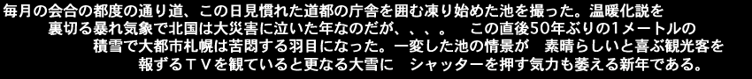 毎月の会合の都度の通り道、この日見慣れた道都の庁舎を囲む凍り始めた池を撮った。温暖化説を裏切る暴れ気象で北国は大災害に泣いた年なのだが、、、、。この直後50年ぶりの１メートルの積雪で大都市札幌は苦悶する羽目になった。一変した池の情景が素晴らしいと喜ぶ観光客を報ずるＴＶを観ていると更なる大雪にシャッターを押す気力も萎える新年である。