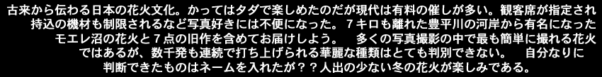 古来から伝わる日本の花火文化。かってはタダで楽しめたのだが現代は有料の催しが多い。観客席が指定され持込の機材も制限されるなど写真好きには不便になった。７キロも離れた豊平川の河岸から有名になったモエレ沼の花火と７点の旧作を含めてお届けしよう。多くの写真撮影の中で最も簡単に撮れる花火ではあるが、数千発も連続で打ち上げられる華麗な種類はとても判別できない。自分なりに判断できたものはネームを入れたが？？人出の少ない冬の花火が楽しみである。