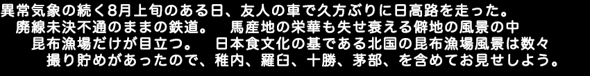 異常気象の続く8月上旬のある中、友人の車で久方ぶりに日高路を走った。廃線未決不通のままの鉄道、馬産地の栄華も失せ衰える僻地の風景の中昆布漁場だけが目立つ。日本食文化の基である北国の昆布漁場風景は数々撮り貯めがあったので、稚内、羅臼、十勝、茅部、を含めてお見せしよう。