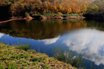 落合ダムの水景色、減水の秋